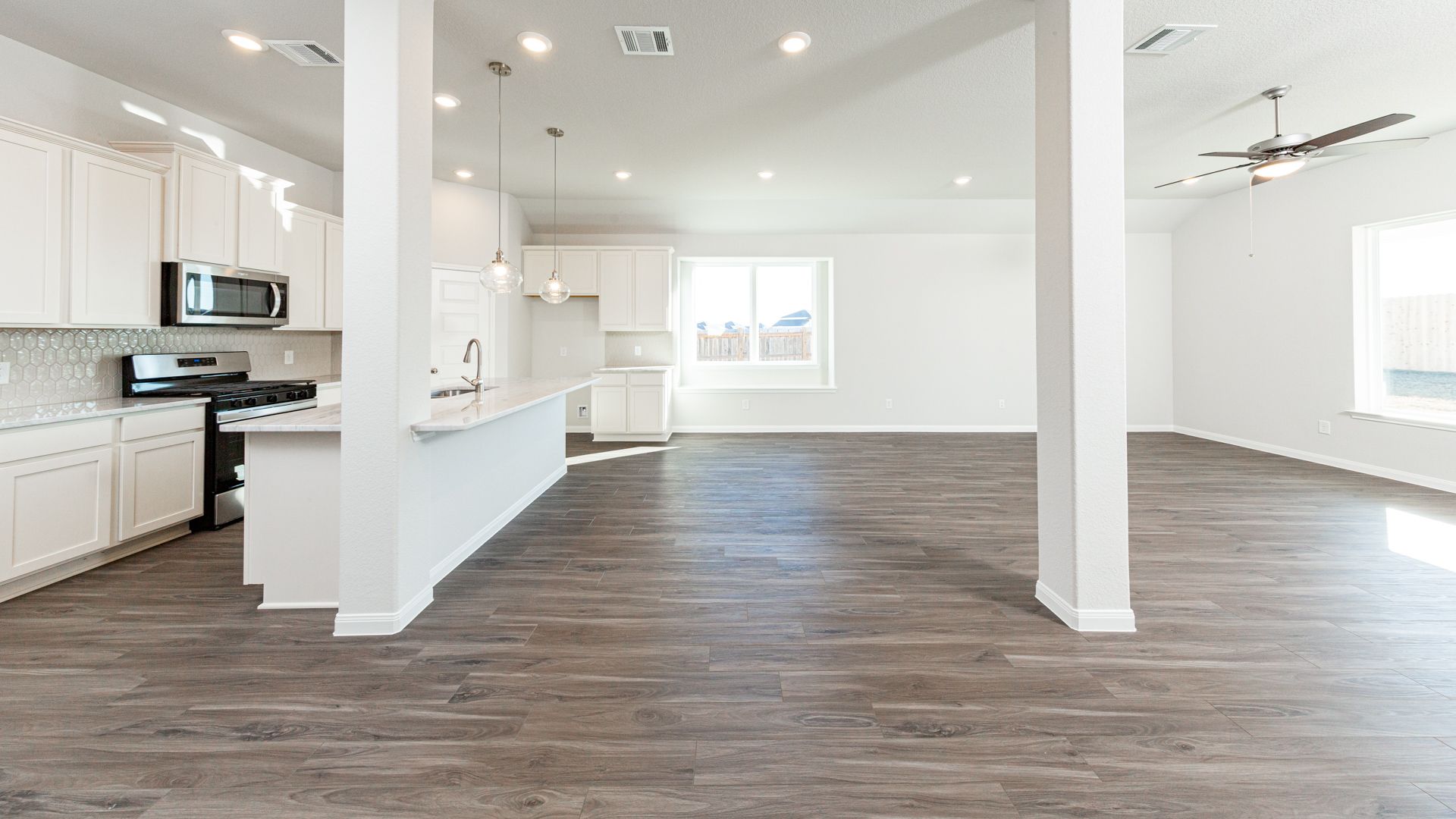 Kitchen, Dining Area, and Family Room