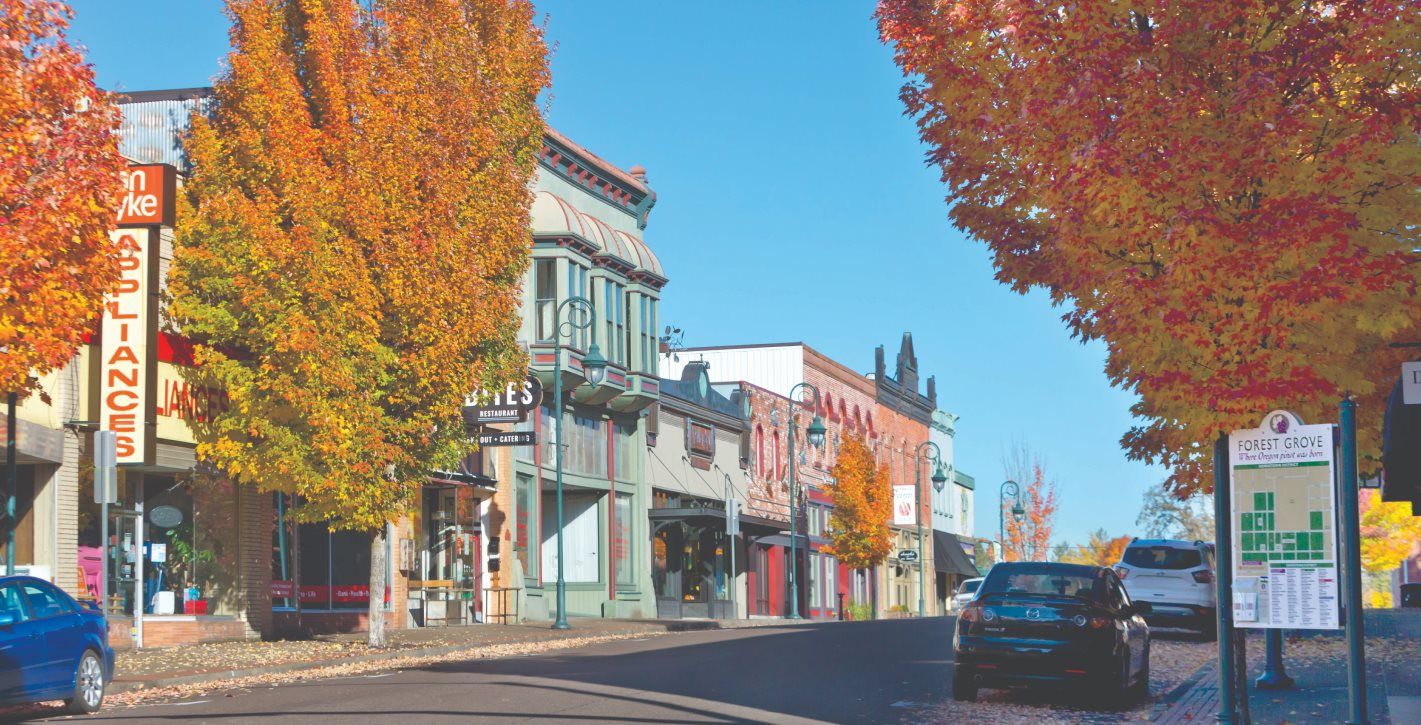 Cute downtown area with fall-colored trees