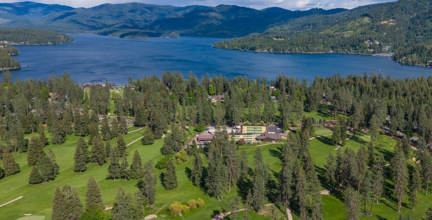 Aerial view of the golf course and lake