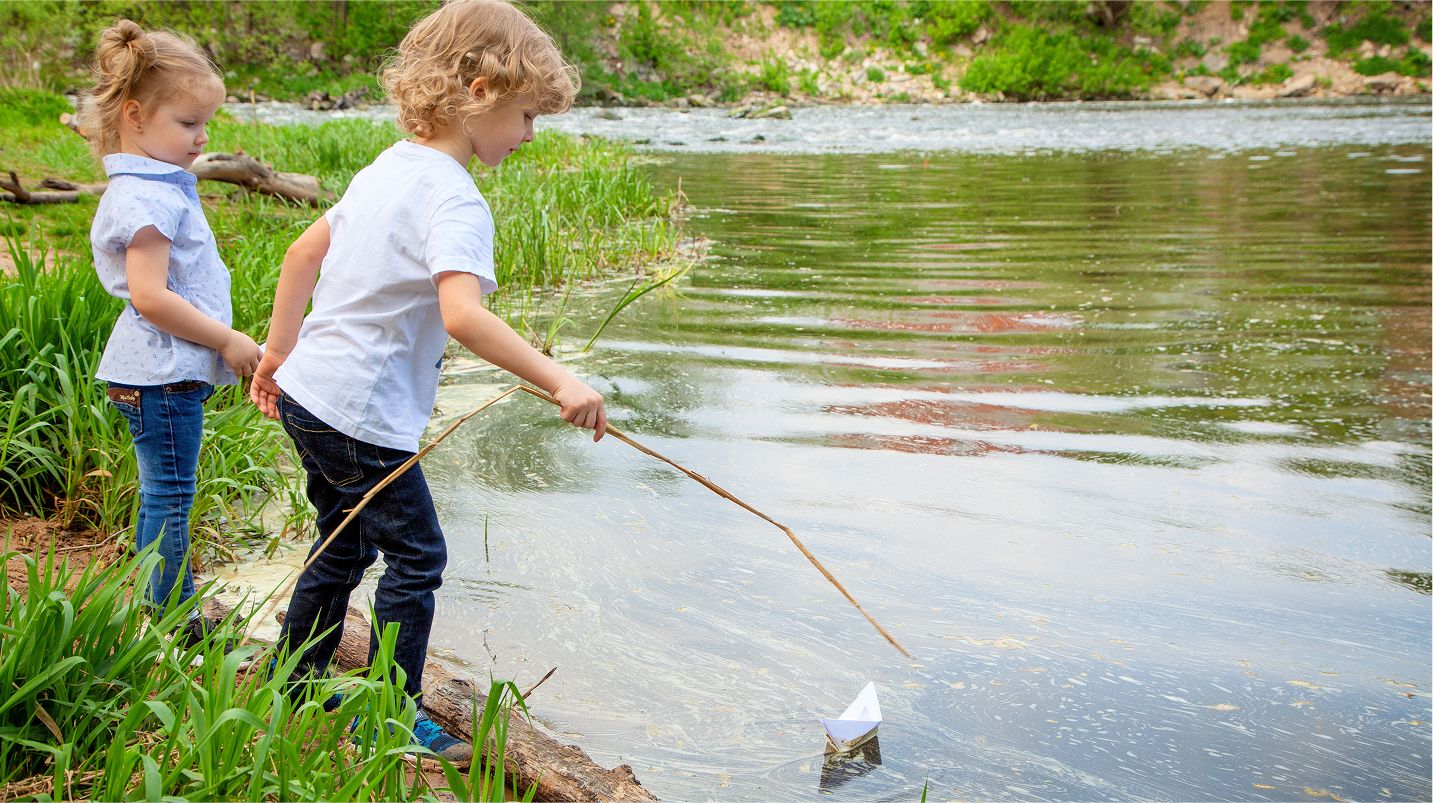 N Pic Kids Outdoors Siblings Lake Waters Edge Sticks