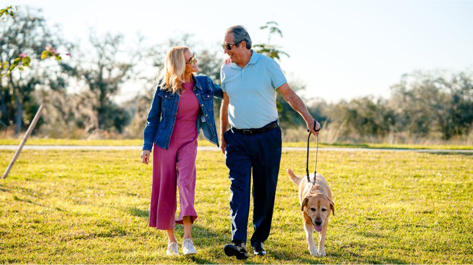Couple walking dog
