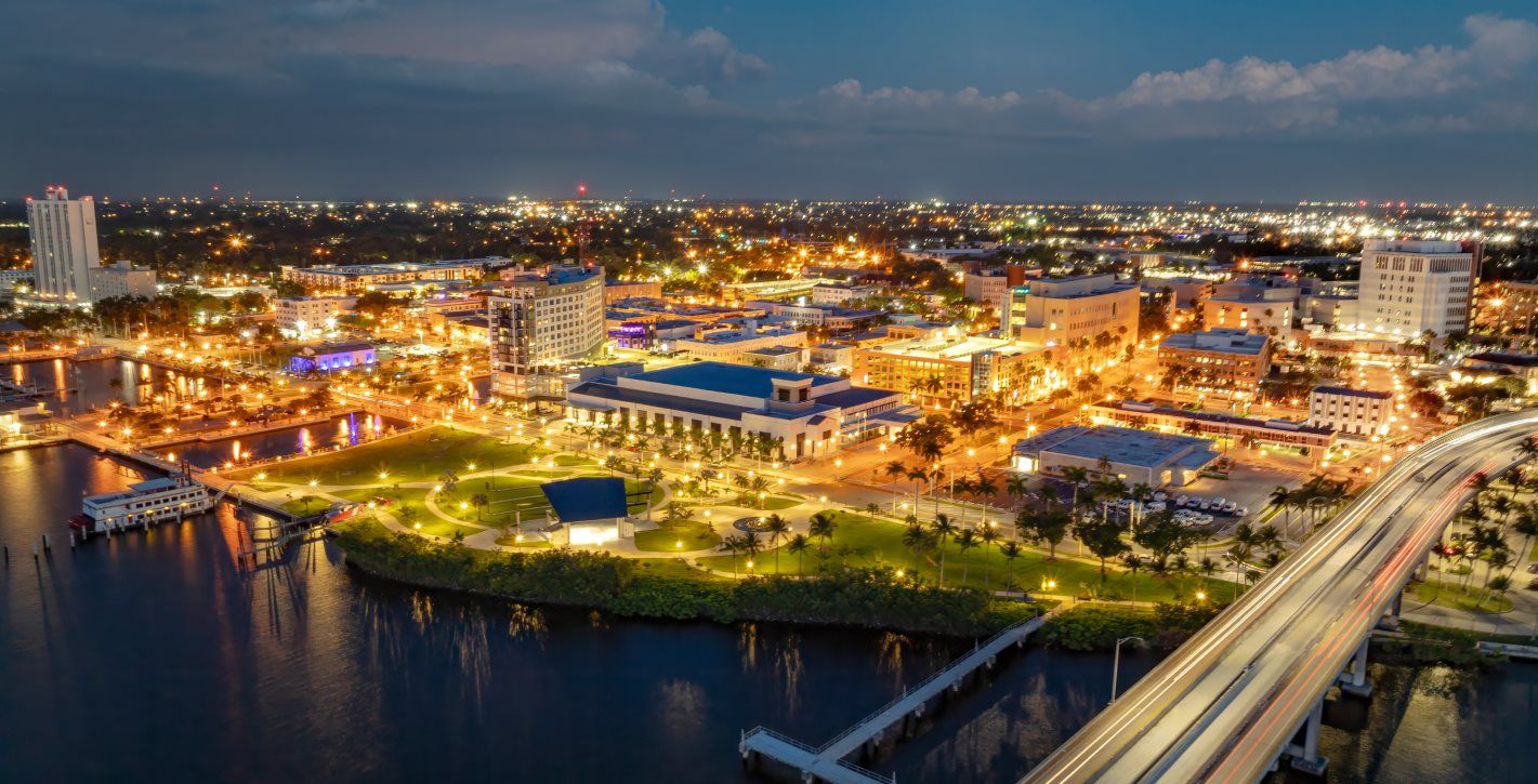 Aerial view of downtown Fort Myers at night