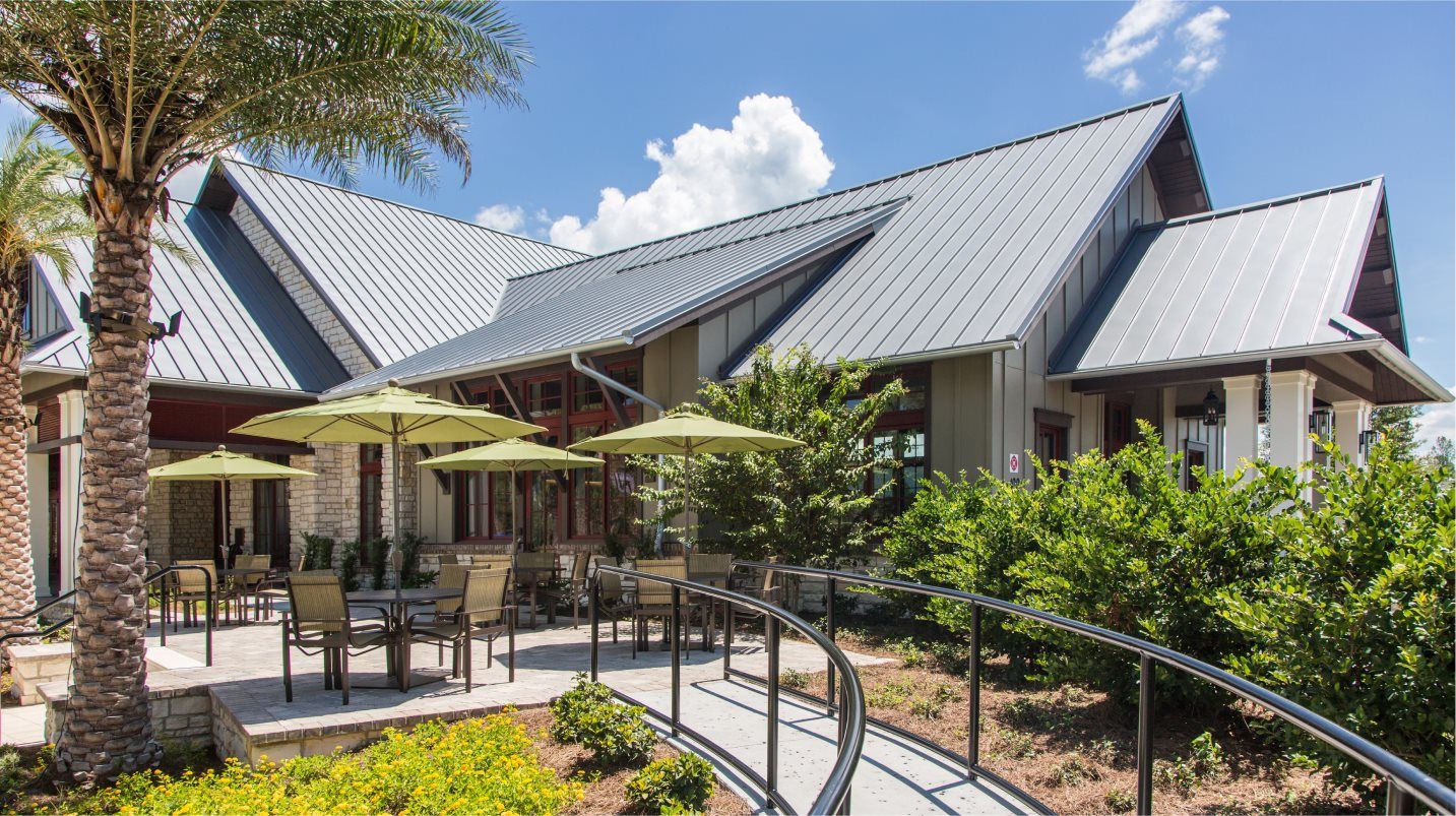 Patio with umbrella-covered tables