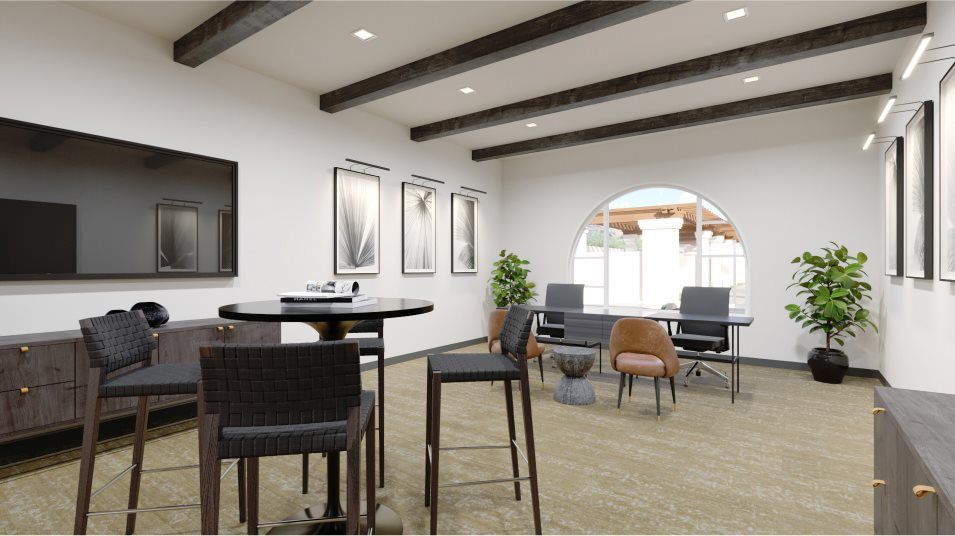 Clubhouse info center with desks and tables