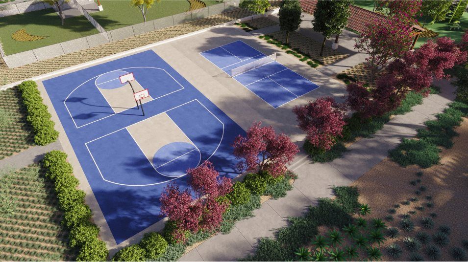 Aerial view of basketball and pickleball courts