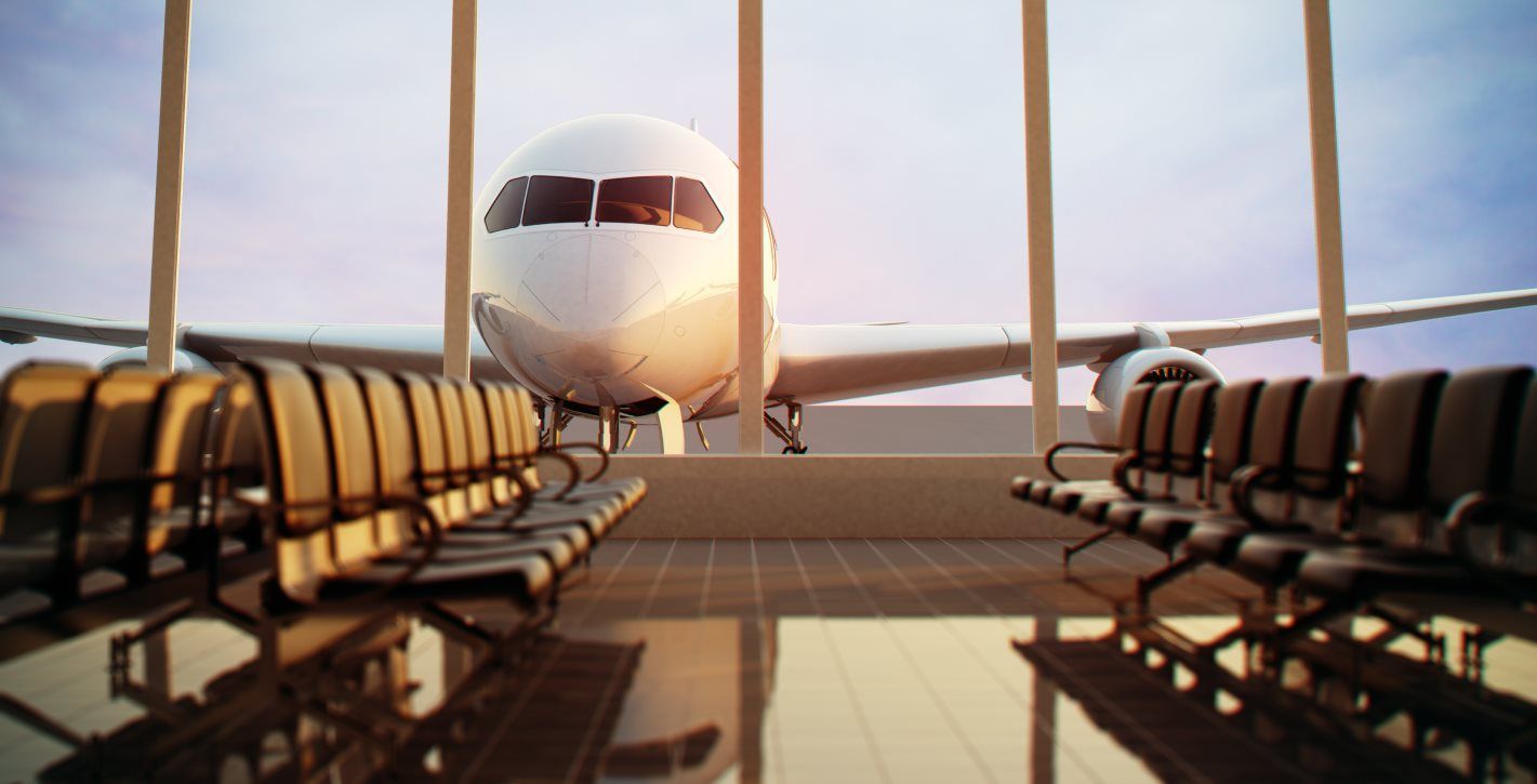 Airplane visible through the terminal windows
