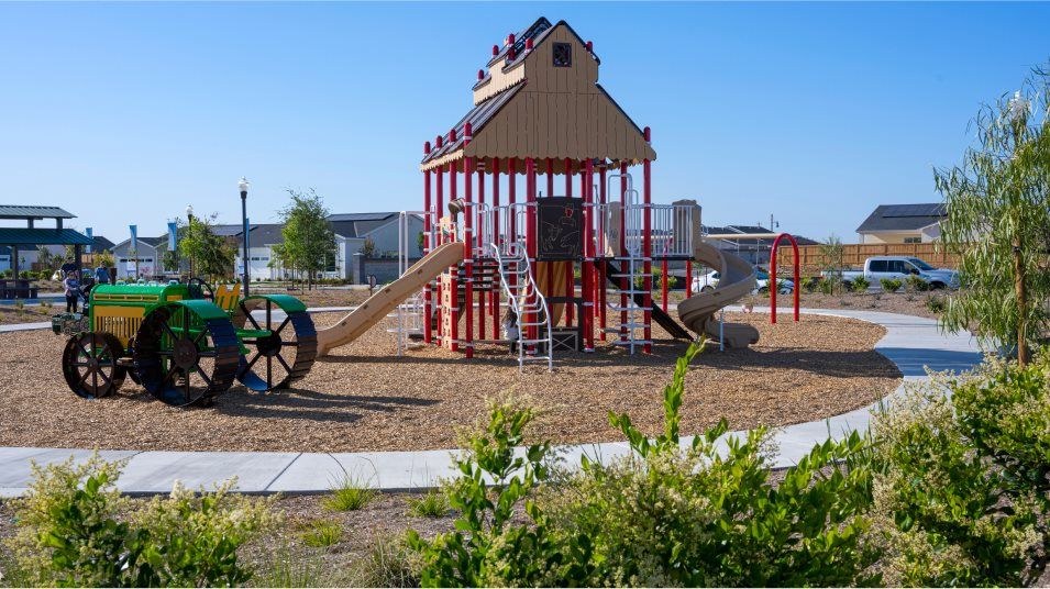 Play structure in wood chips surrounded by grass