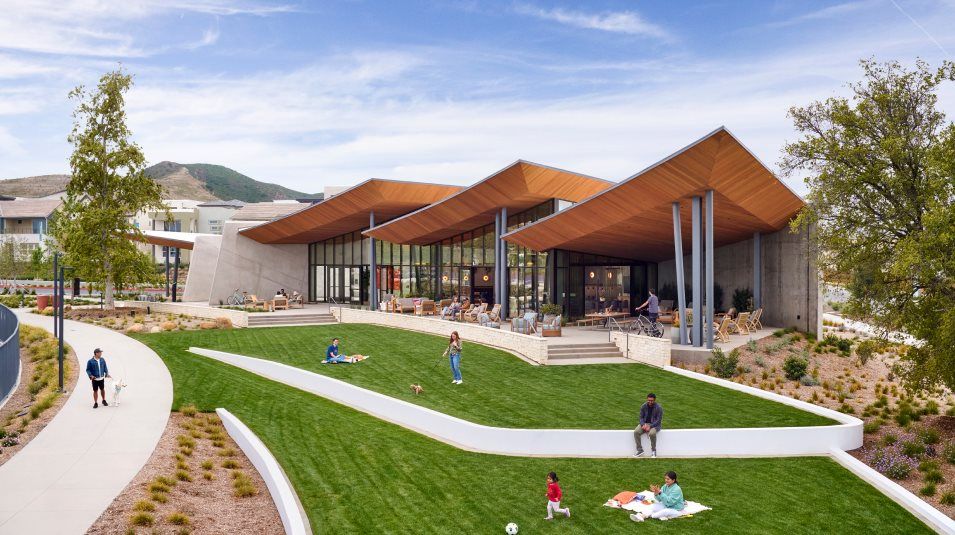 People gathered by the community center