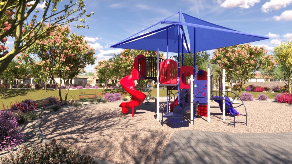 Shaded playground that has a jungle gym