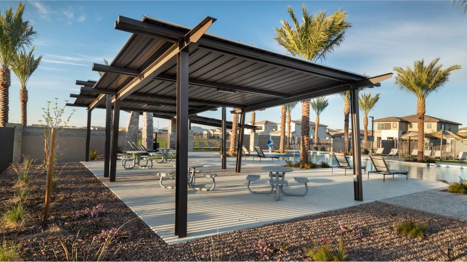 Shaded picnic tables