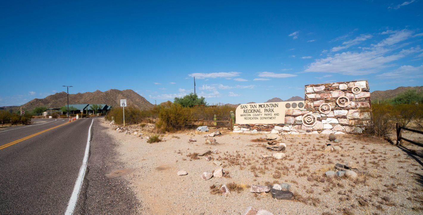 San Tan Mountain Park welcome sign and entry road
