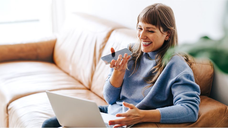 N Pic Adults Woman Home Couch Laptop Phone Call Speaker