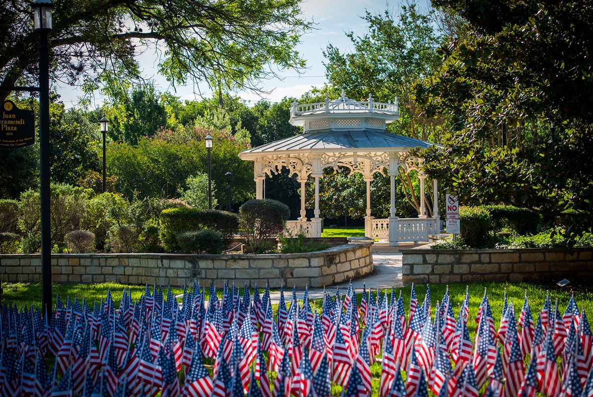 San Marcos Downtown Pavillion with flags