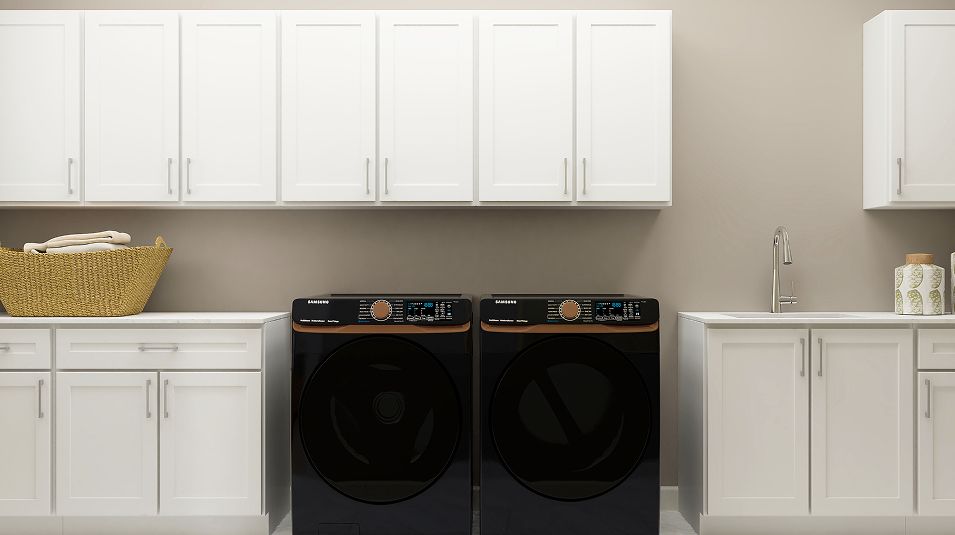 Laundry Shaker-style cabinetry in white