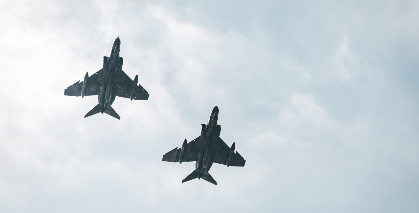 Military air force fighter jets in sky