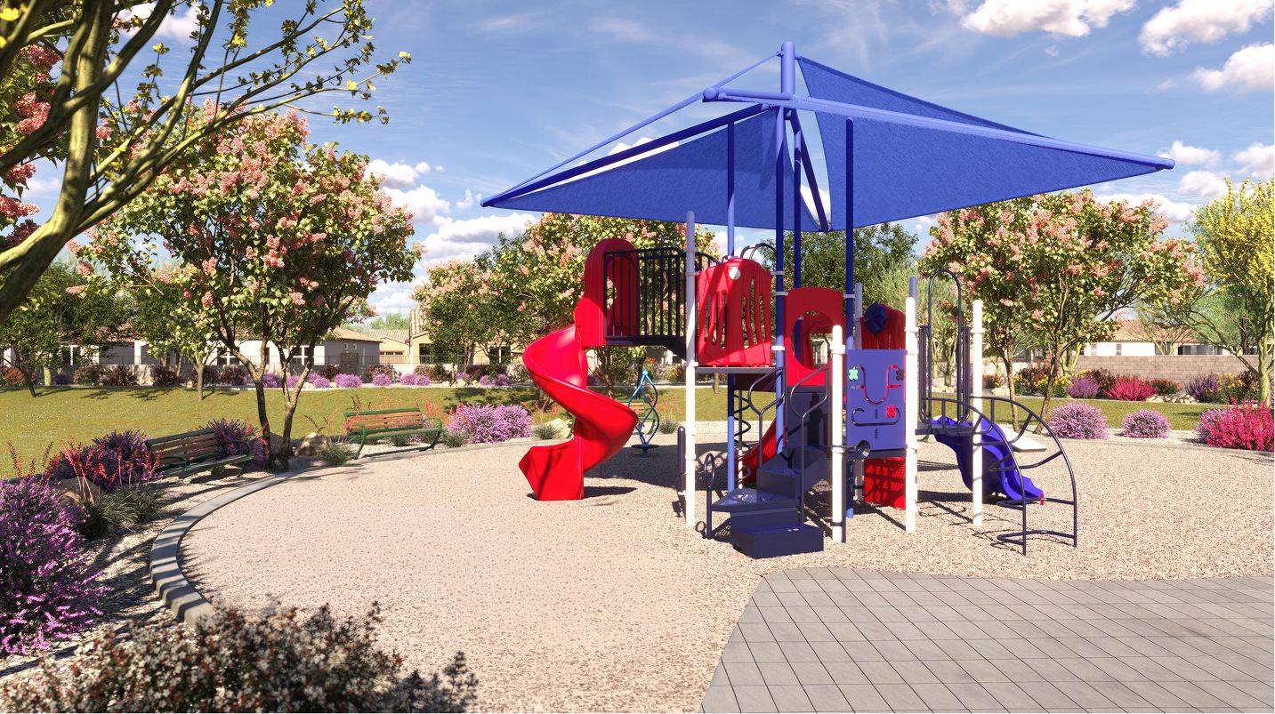 Shaded playground that has a jungle gym