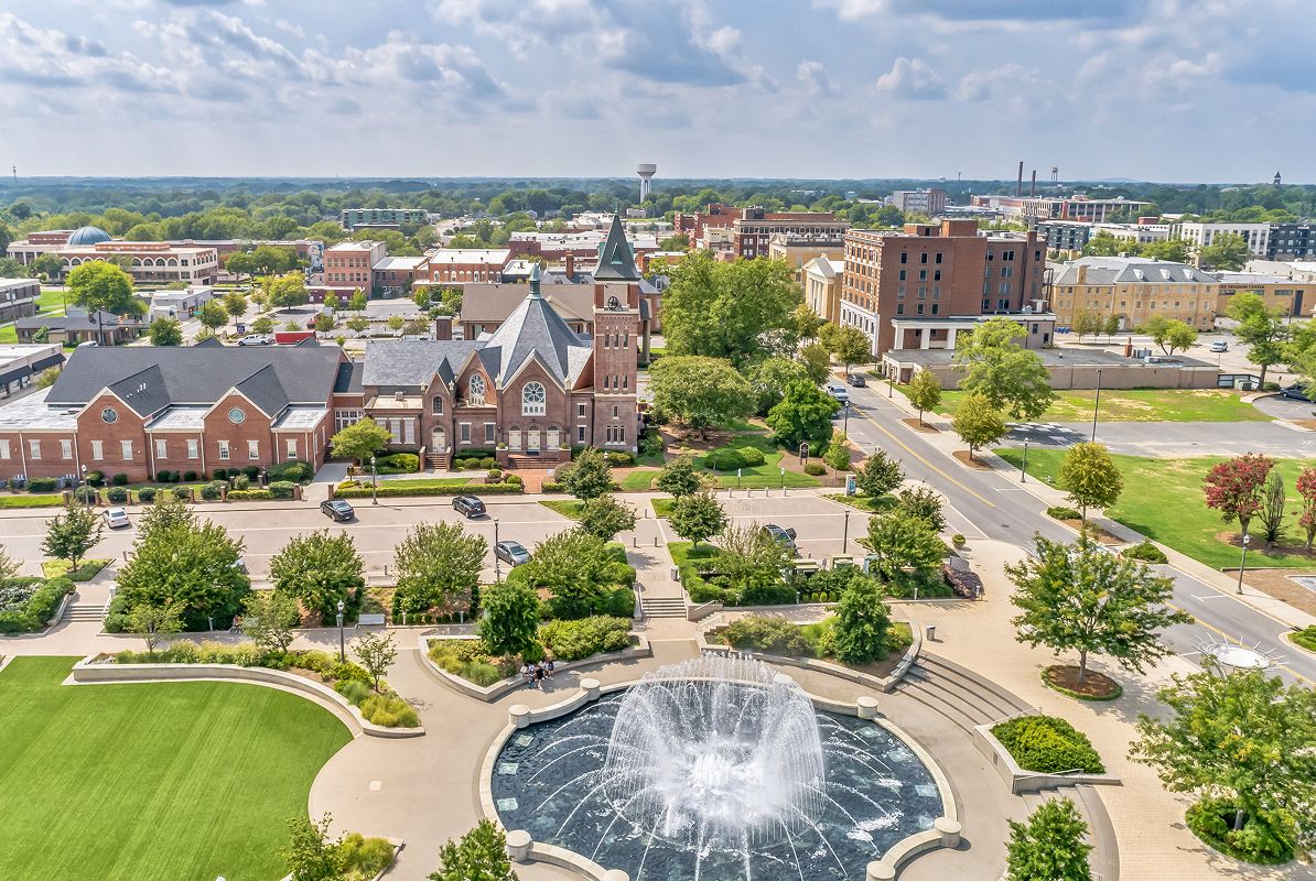 SC Edgemoore Aerial Downtown Rock Hill Fountain Park