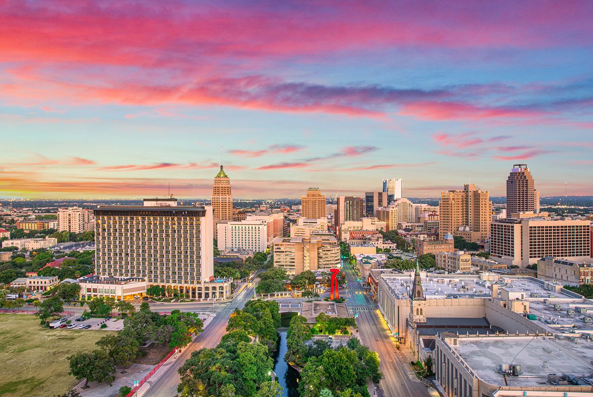 San Antonio Skyline Sunset Pink Sky Aerial