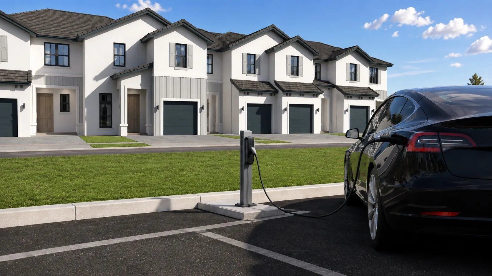 EV charging station located in front of a set of homes