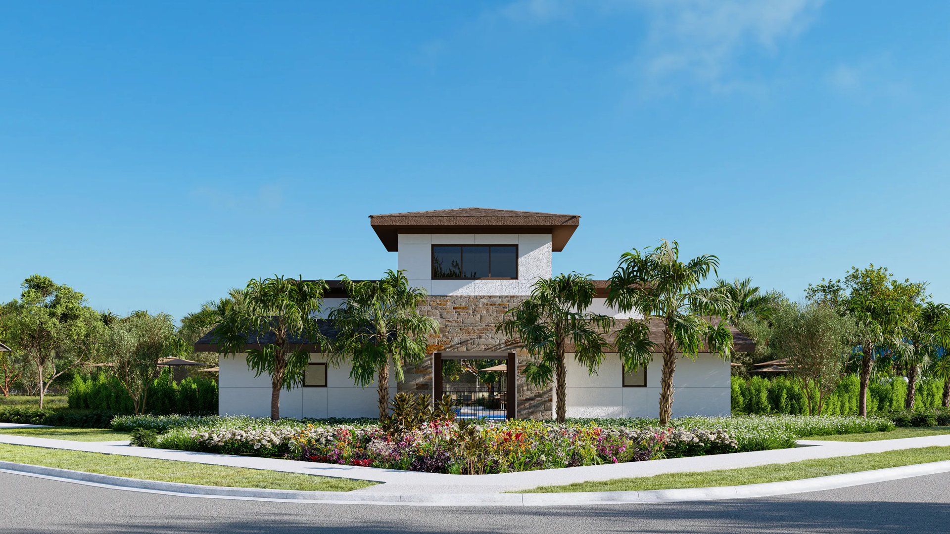 Cabana building with landscaping