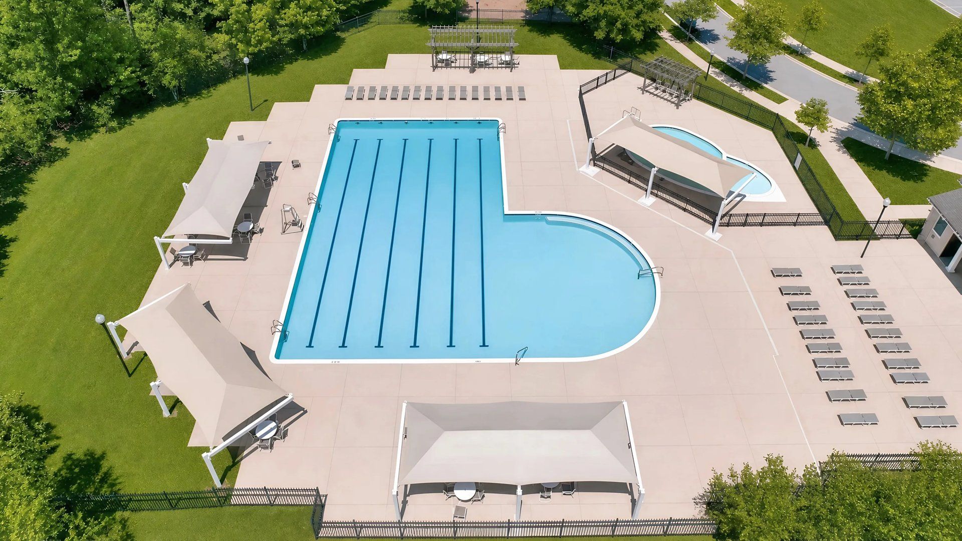 Aerial of swimming pool with lap lanes