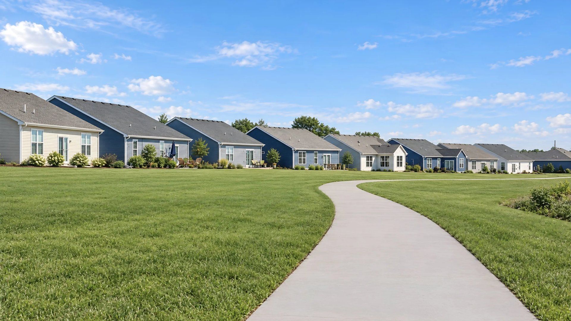 Paved path winding through homesites