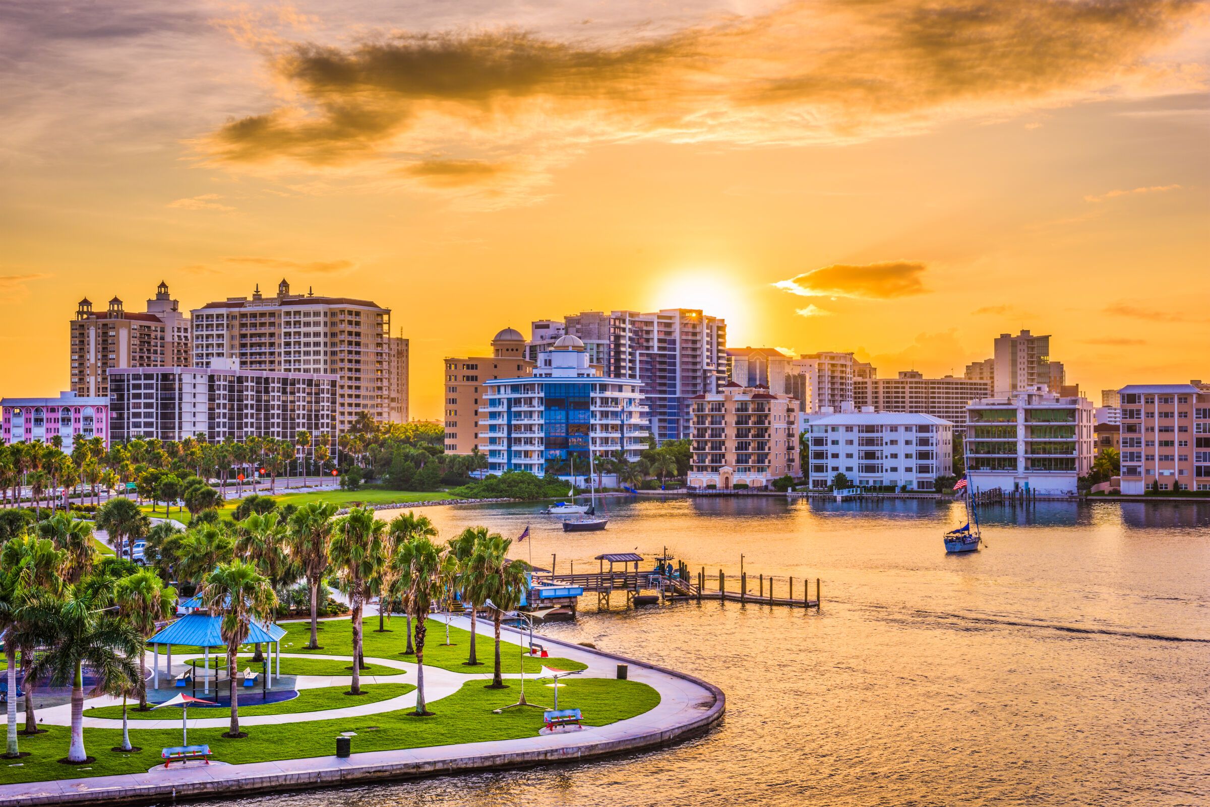 Coastal town at sunset