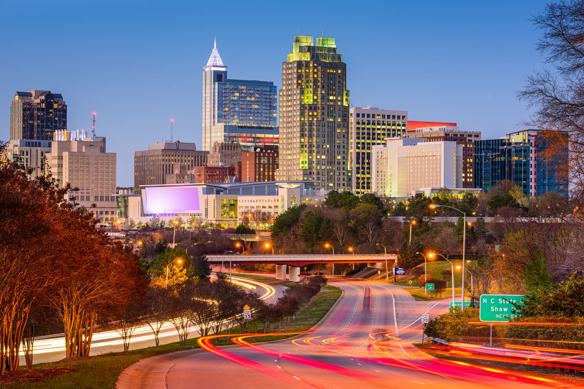 Downtown view of city at night