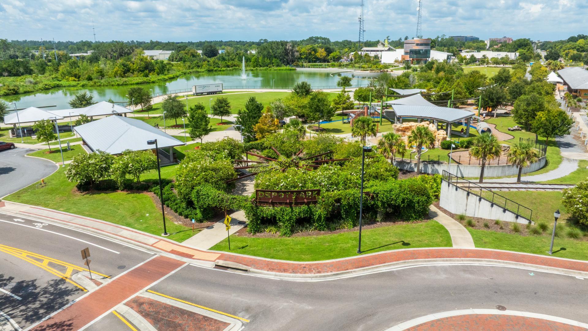 The award-winning Depot Park offers a playground, splash pad, trails, events &amp; picnic spots!