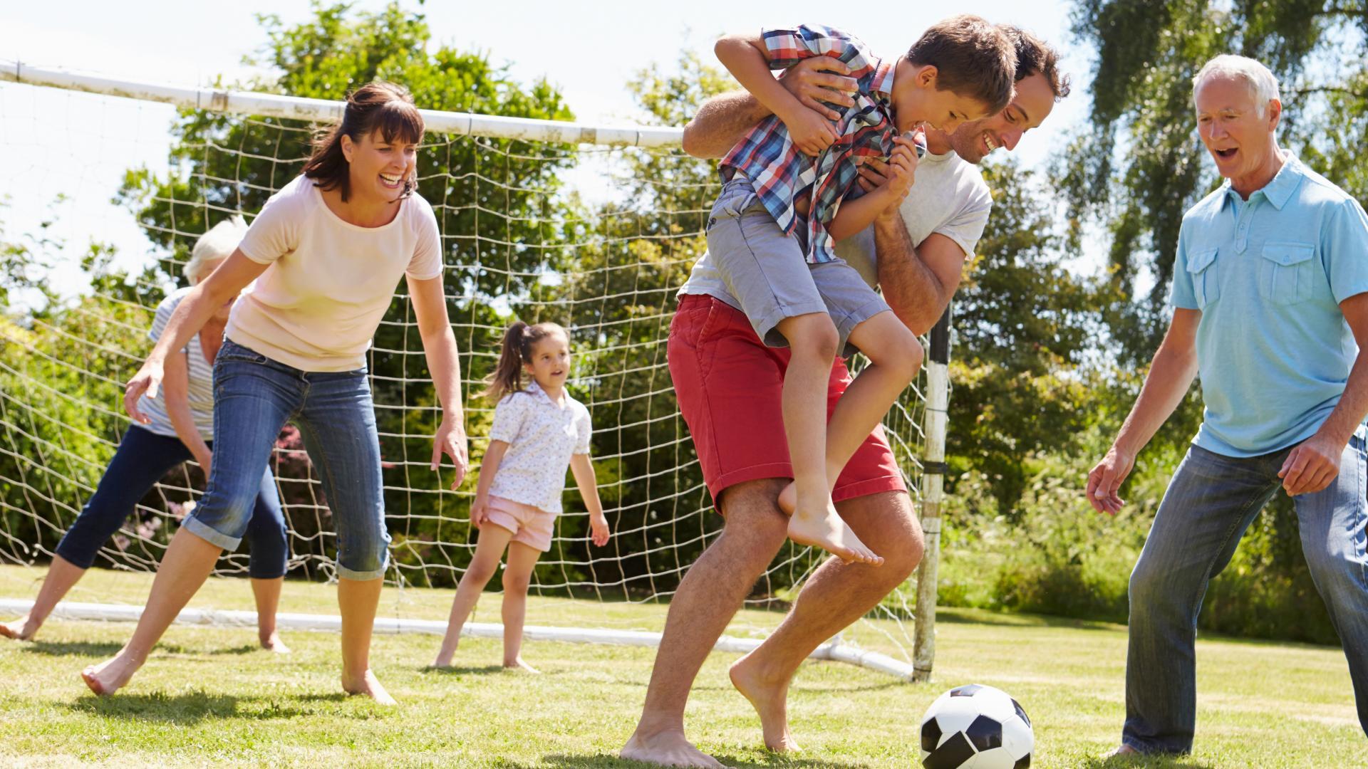 A backyard with plenty of space to kick, pass, and score—your own home field advantage.