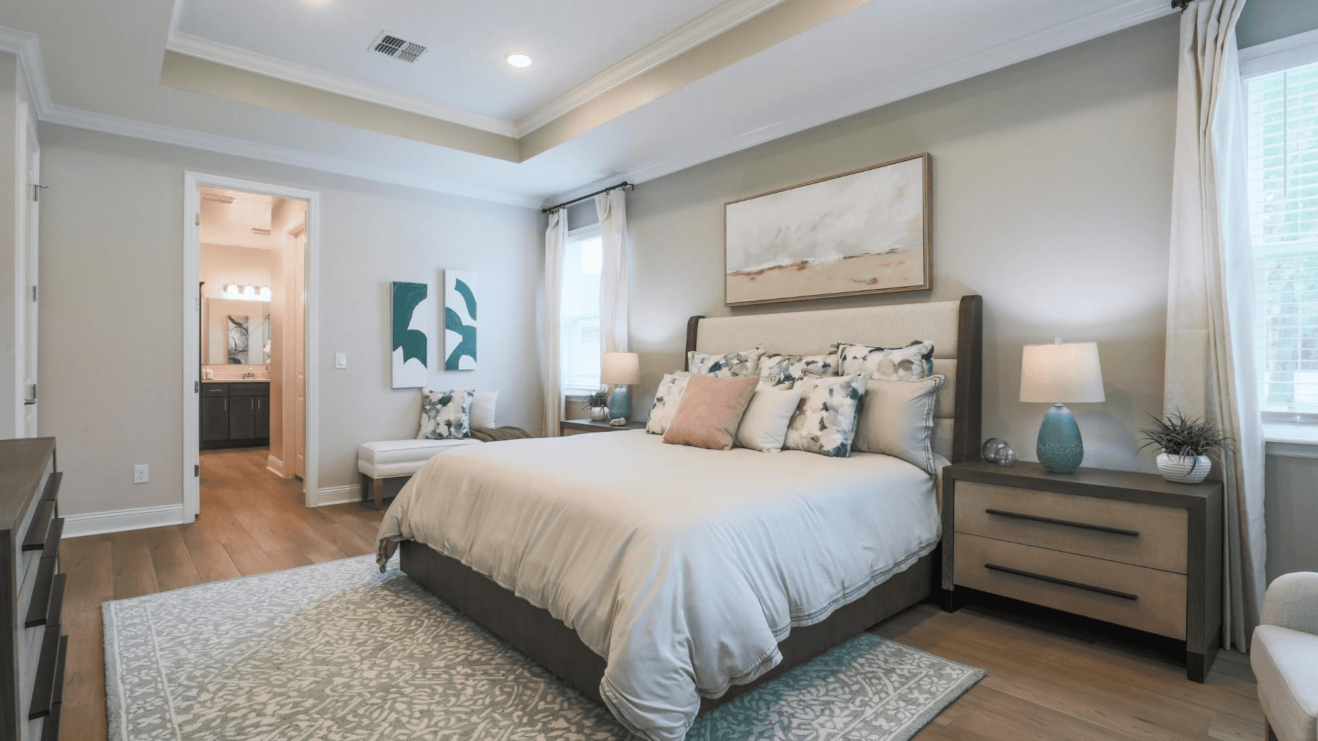 Master bedrooms with walk-in closets and modern bathrooms.