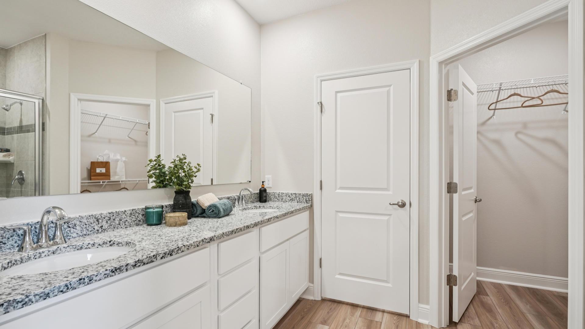 Plenty of bathroom space for everyone, and the walk-in shower makes bathing the dog easy.