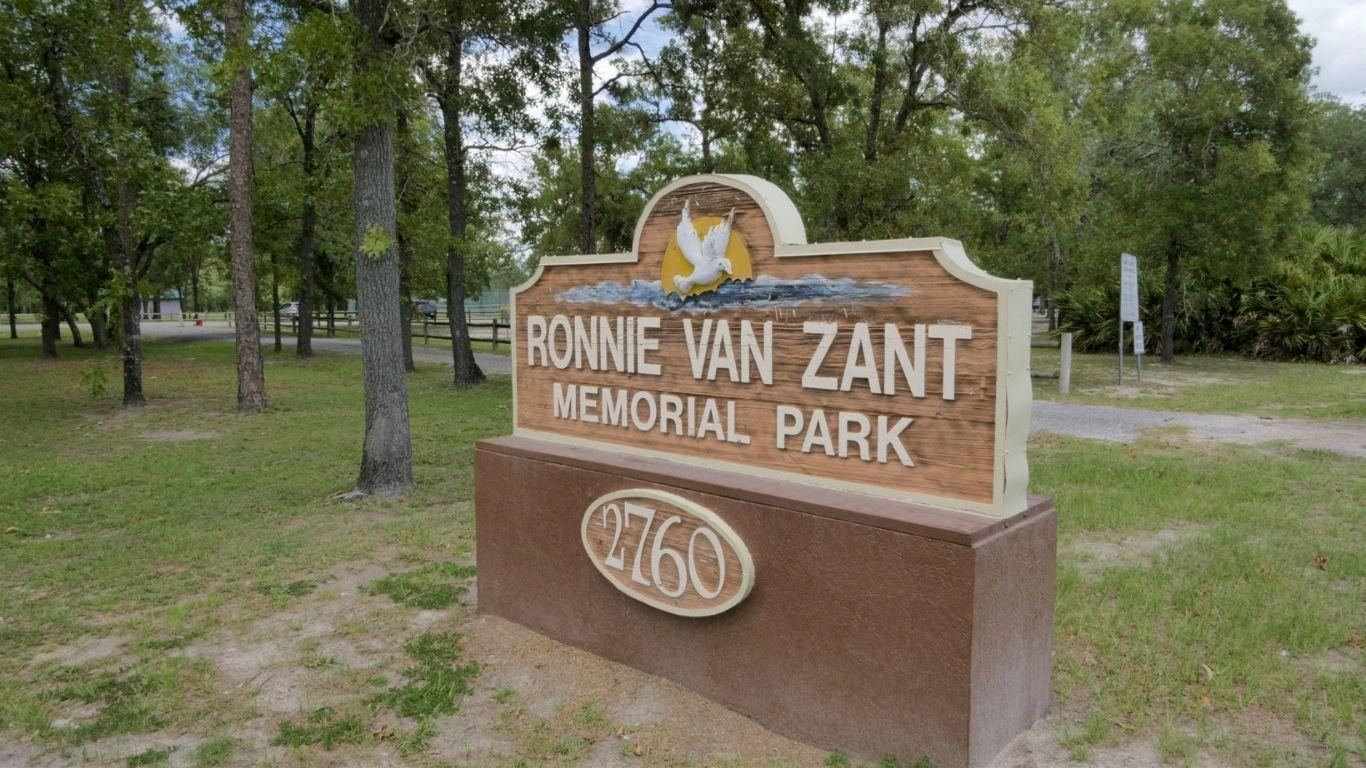 Ronnie Van Zant Memorial Park under 3 miles for lakeside strolls, disc golf, sports and fishing.
