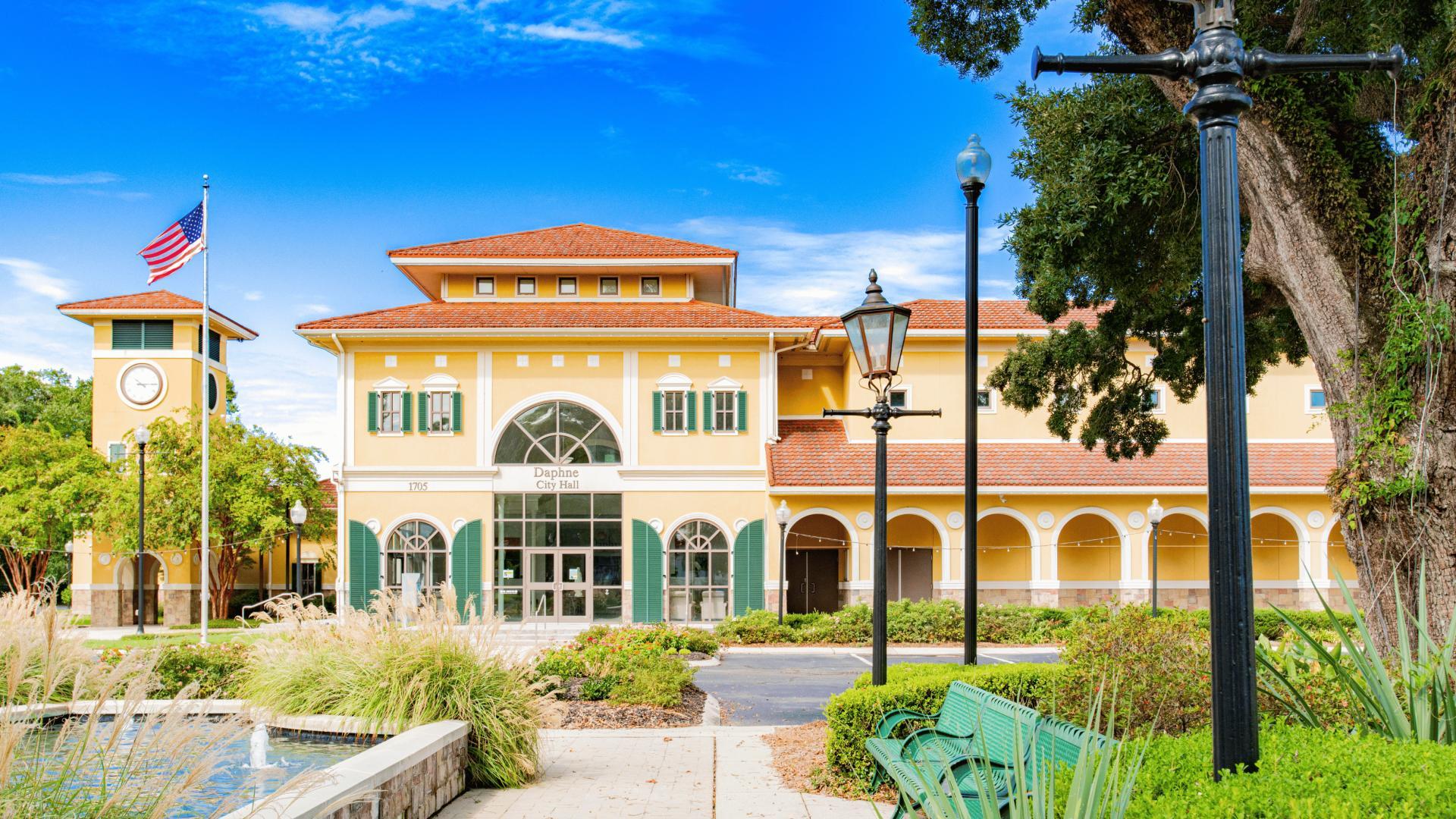 Stroll past the beautiful city hall building in Daphne.