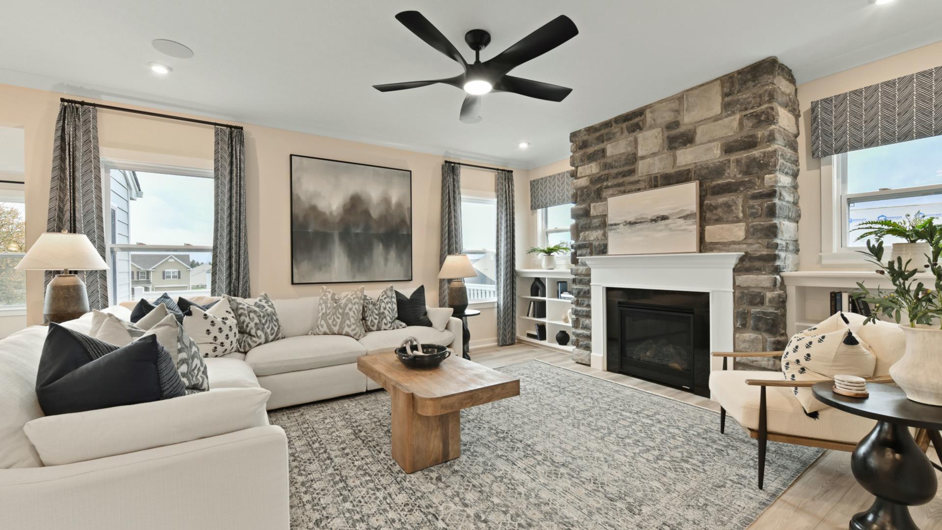 Choose your details like stone fireplace, built-in bookcases and extra windows.