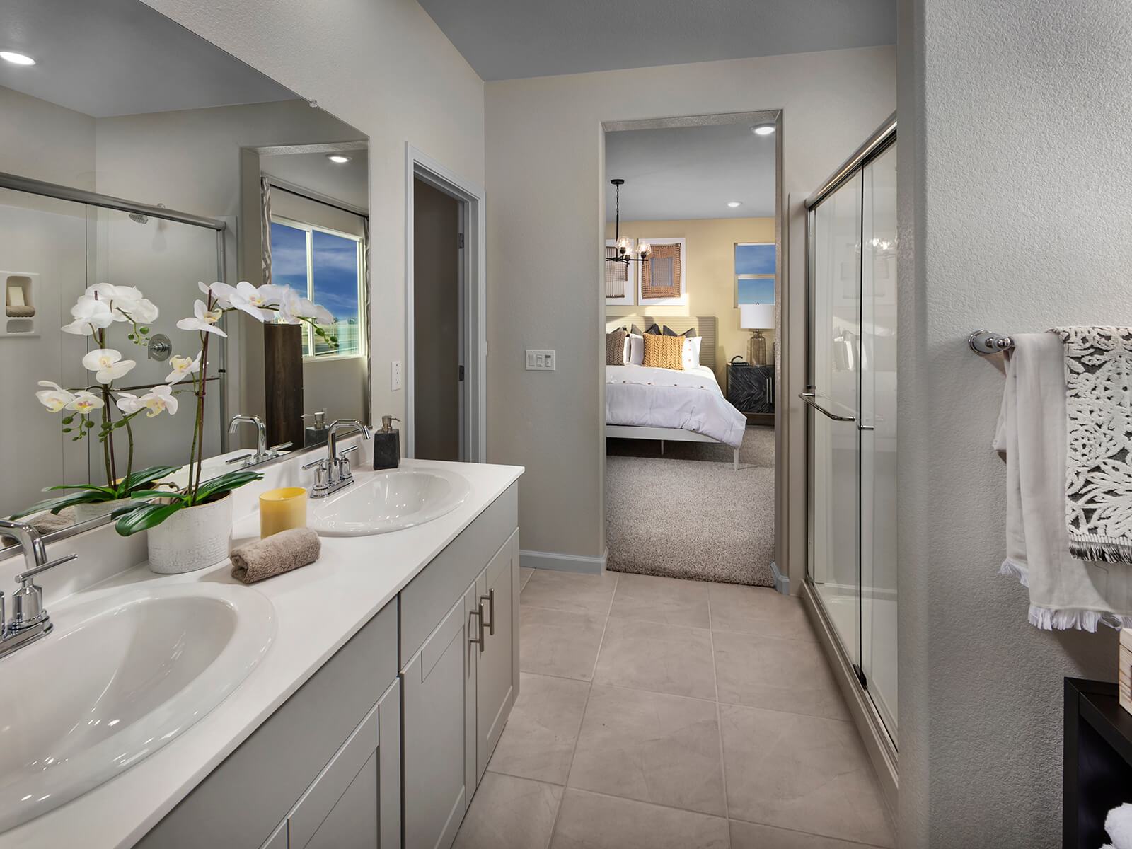 Primary bathroom in the 3524 floorplan taken at a Meritage Homes community in Manteca, CA.
