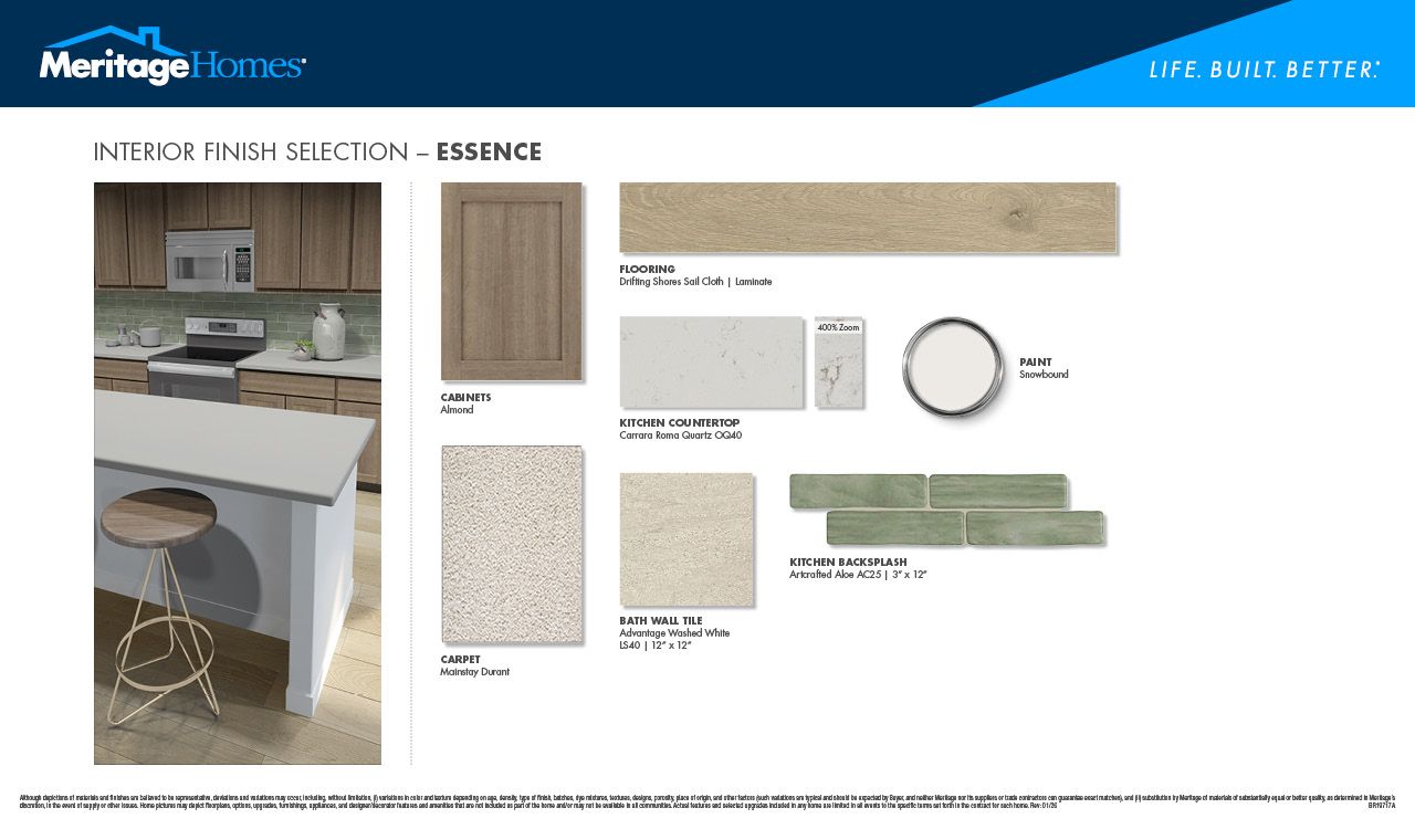 Almond-colored cabinets, quartz countertops, and an aloe green backsplash