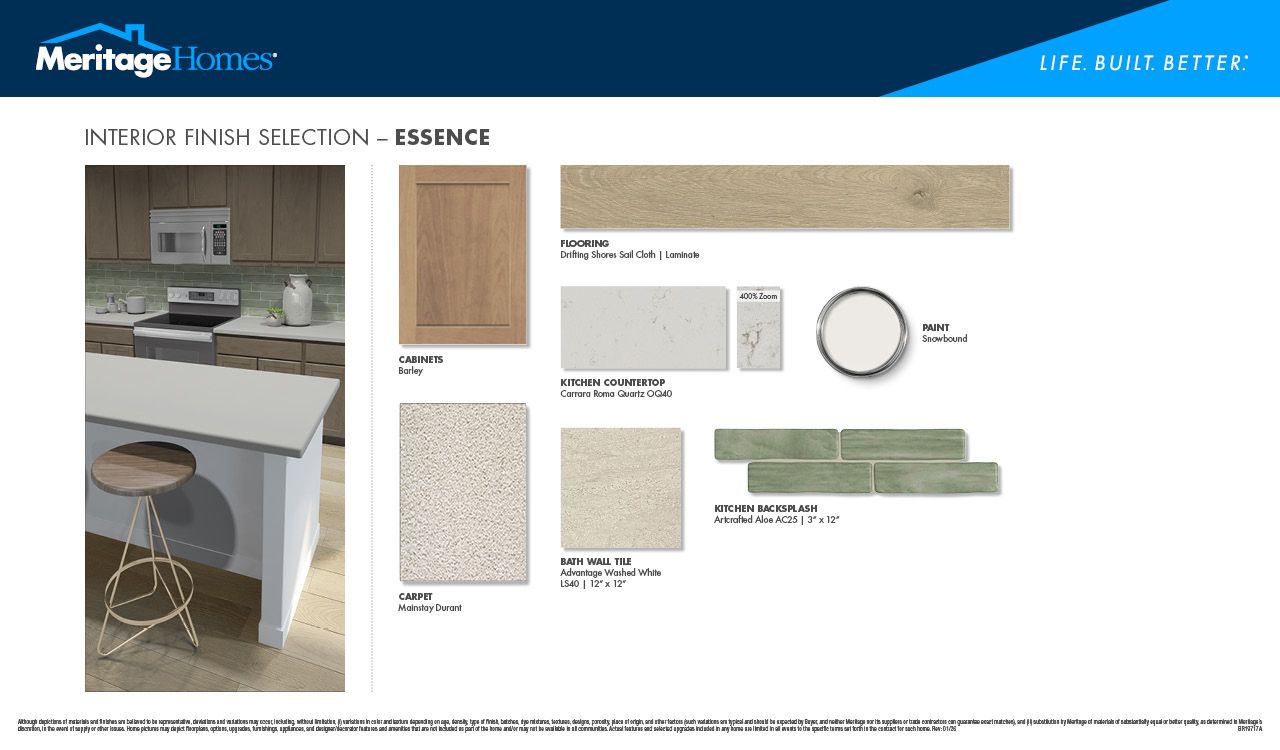Barley-colored cabinets, quartz countertops, and an aloe green backsplash