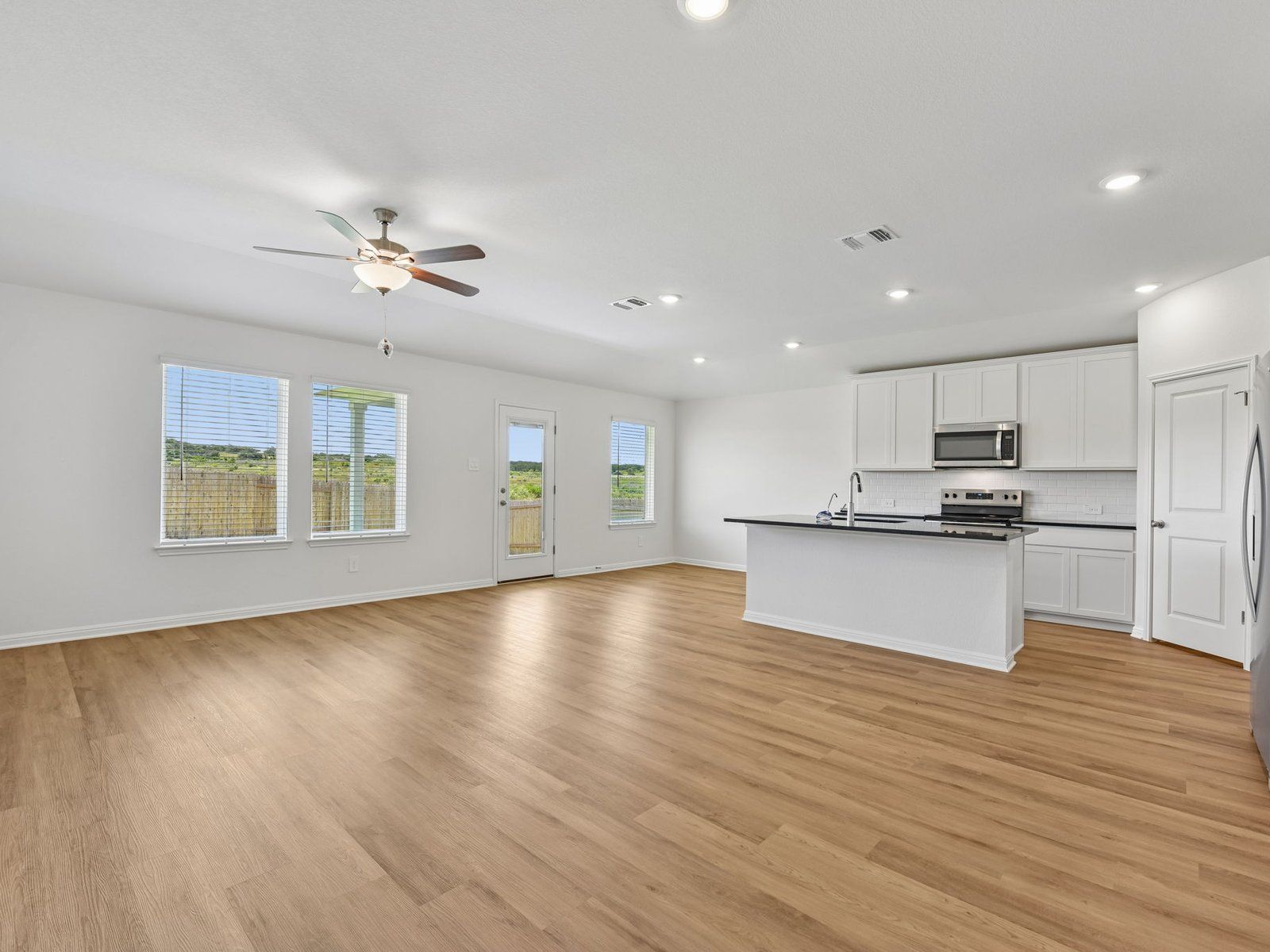 Kitchen, Living, and Dining