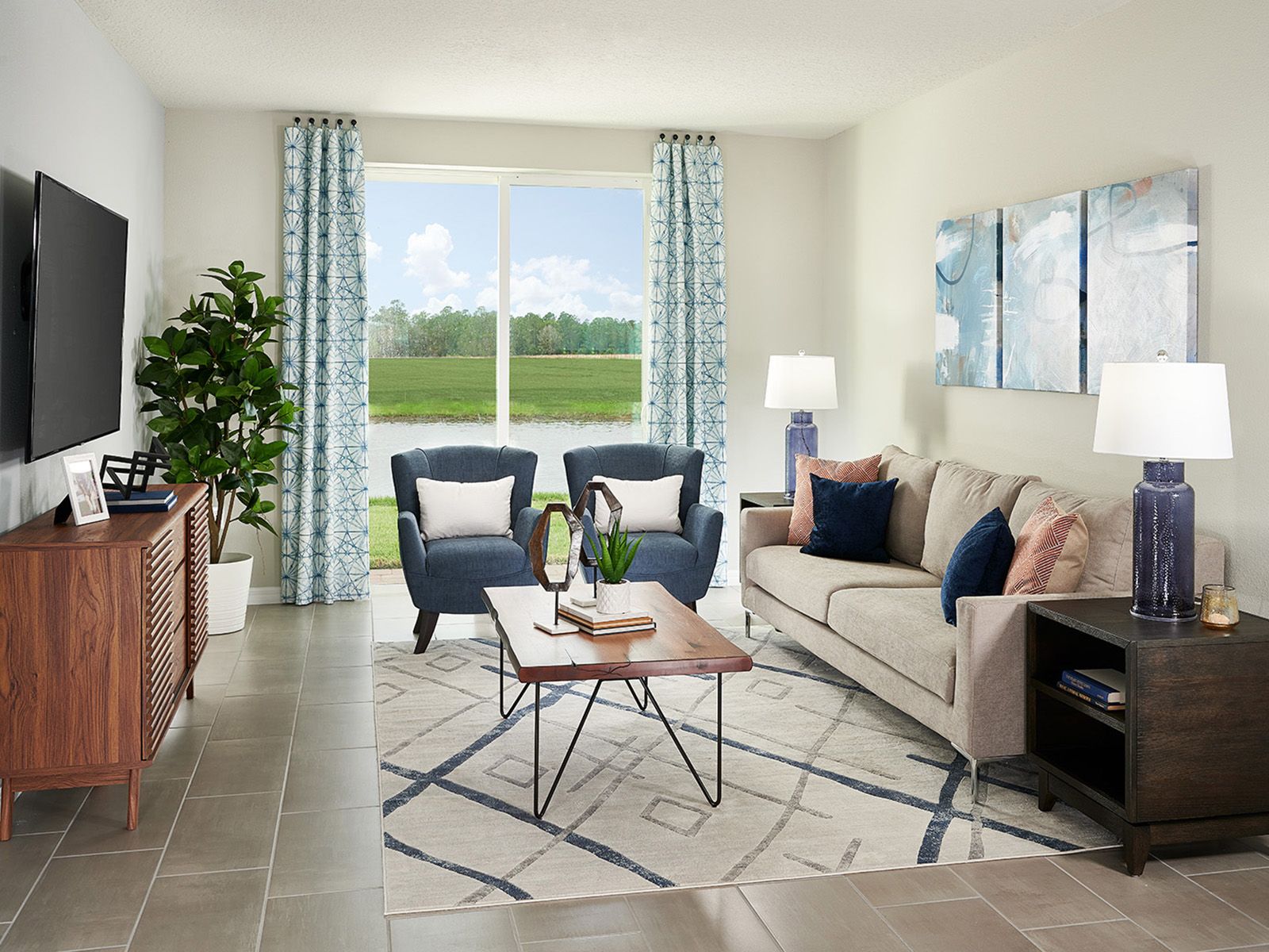 Great room of the Daphne plan modeled at Villamar.