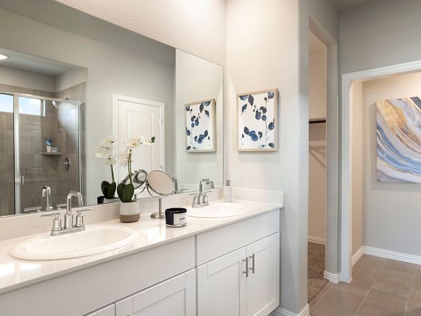 Your primary bathroom retreat features double vanities