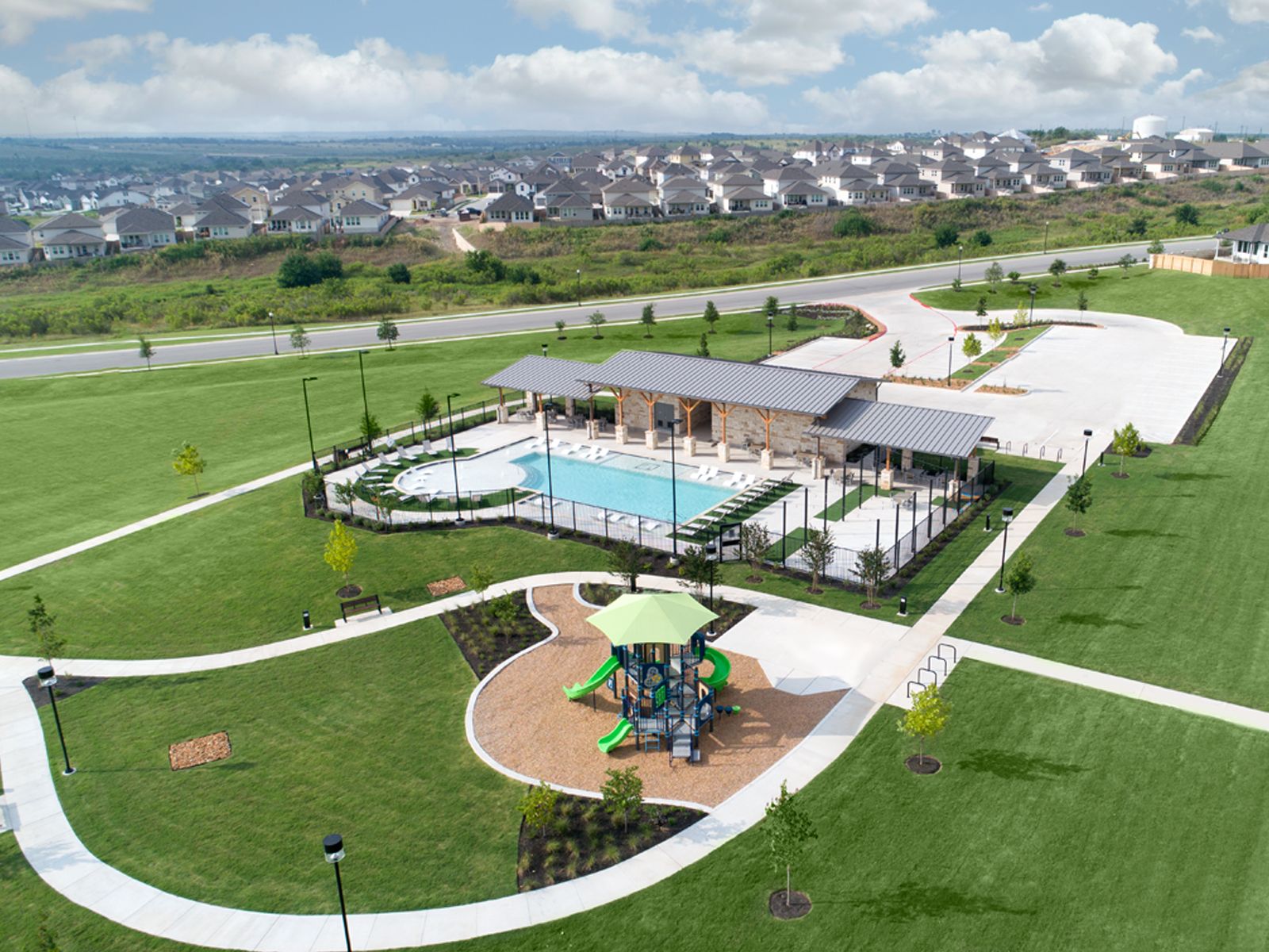 The amenity center is complete with a pool, covered pavilion, and playground.