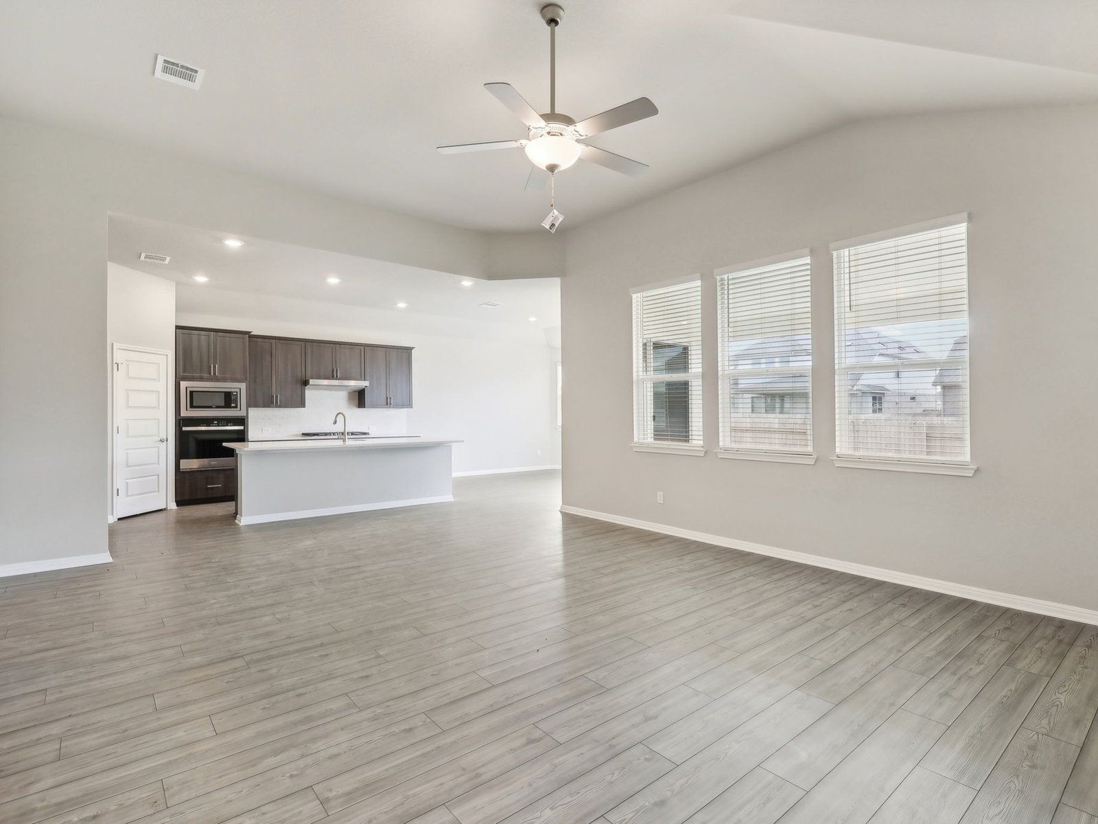 Kitchen, Living Room, and Dining Room