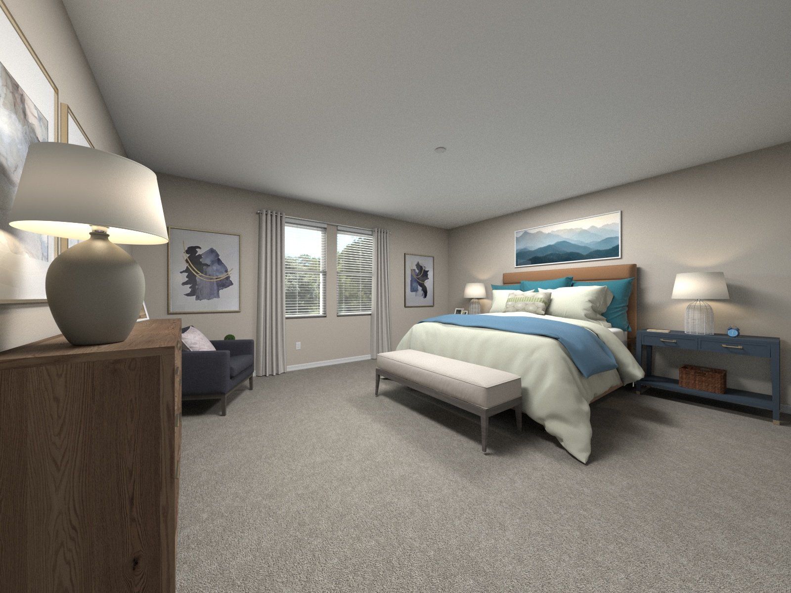 Rendering of the primary bedroom in the Violet floorplan