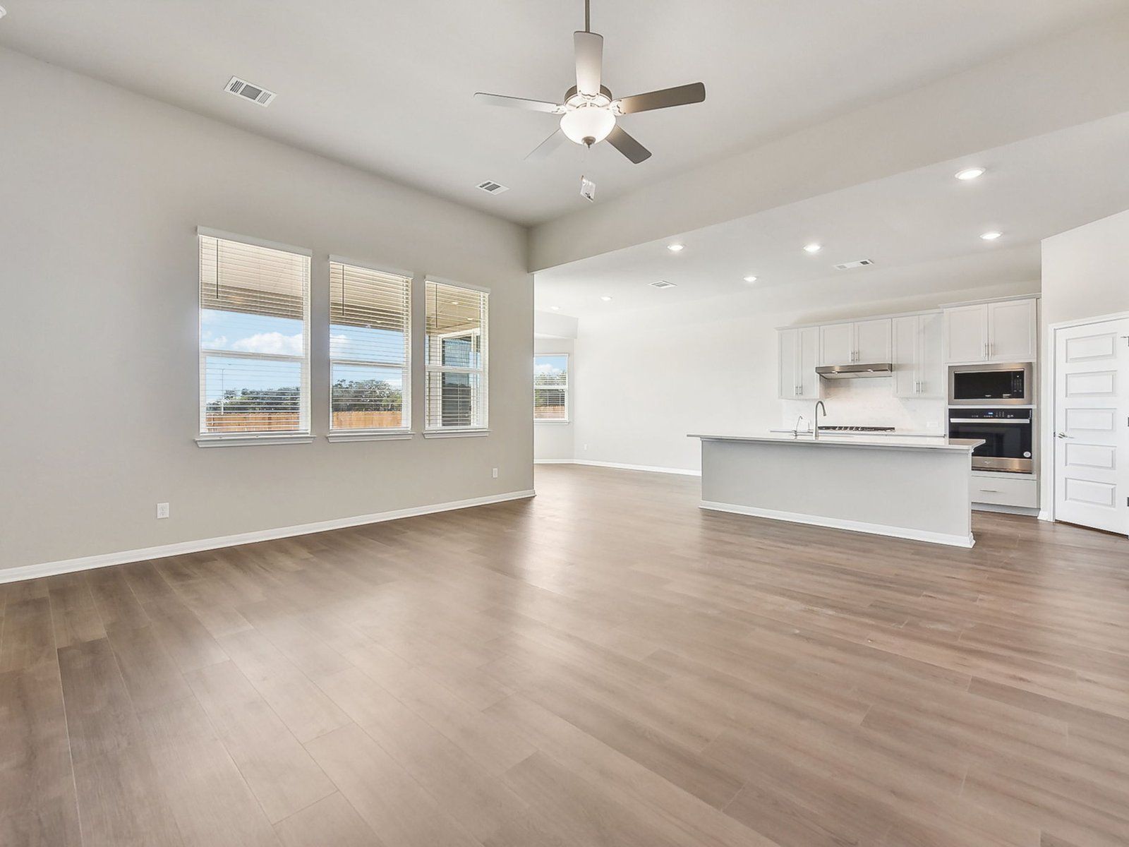 Kitchen, Living Room, and Dining Room