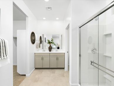 The primary bathroom features dual sinks and a walk-in closet with plenty of storage in the 2110 plan.