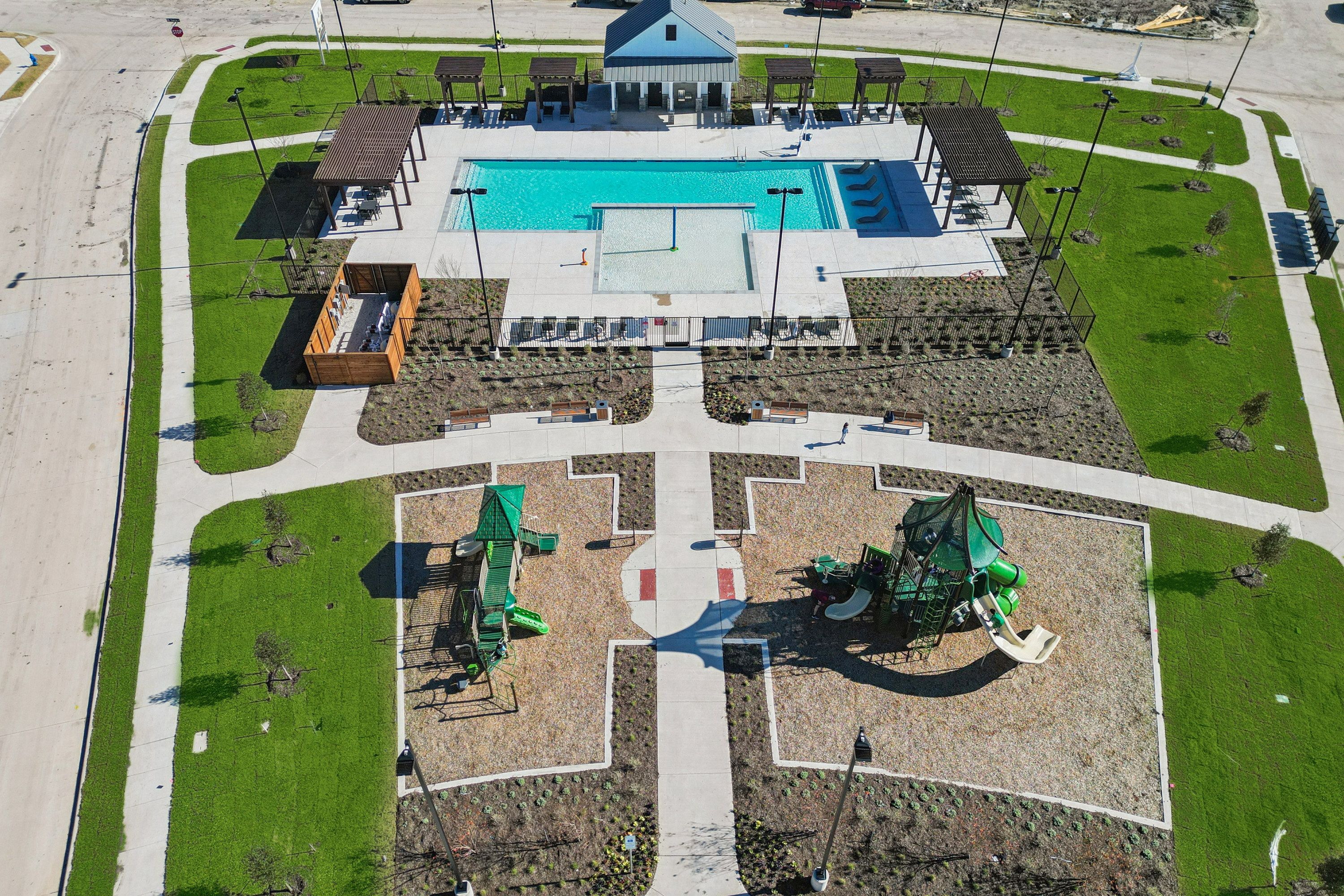 Birds eye view of the amenity center at Trails of Lavon.