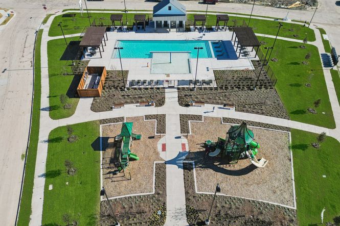 Birds eye view of the amenity center at Trails of Lavon.