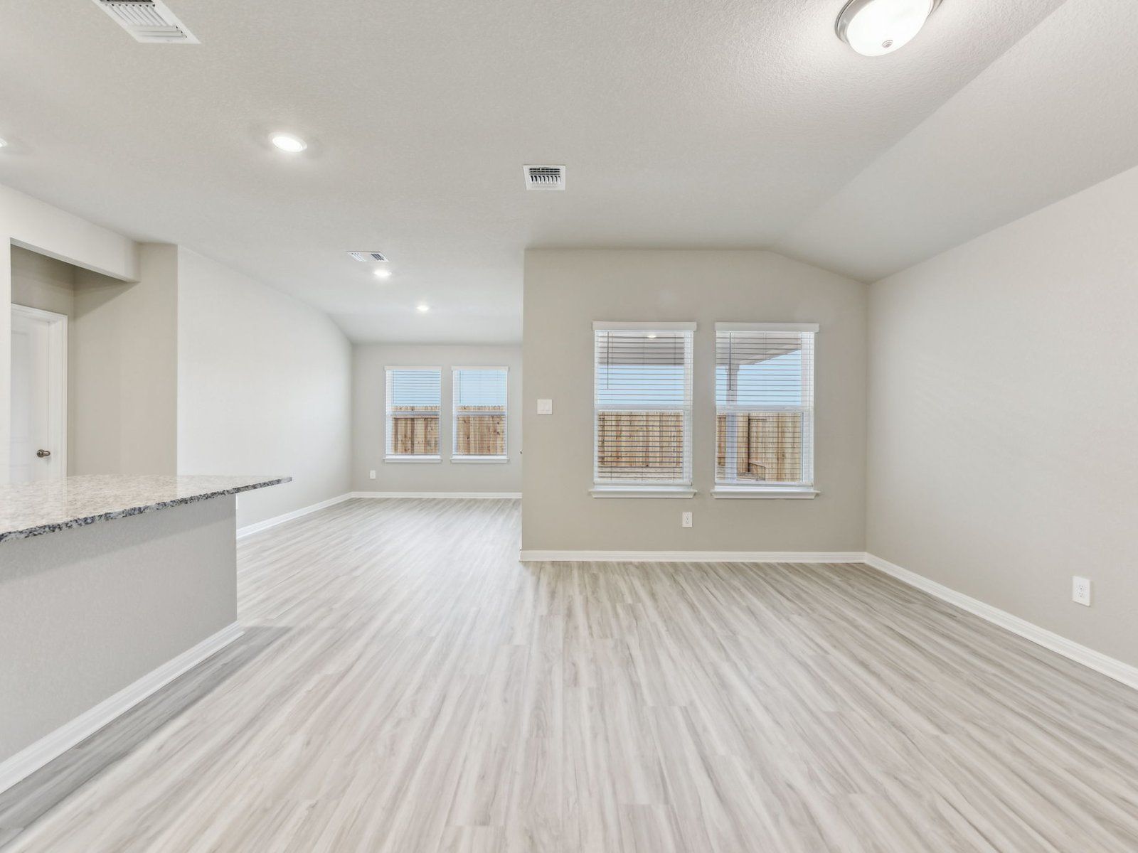 Kitchen, Living Room, and Dining Room