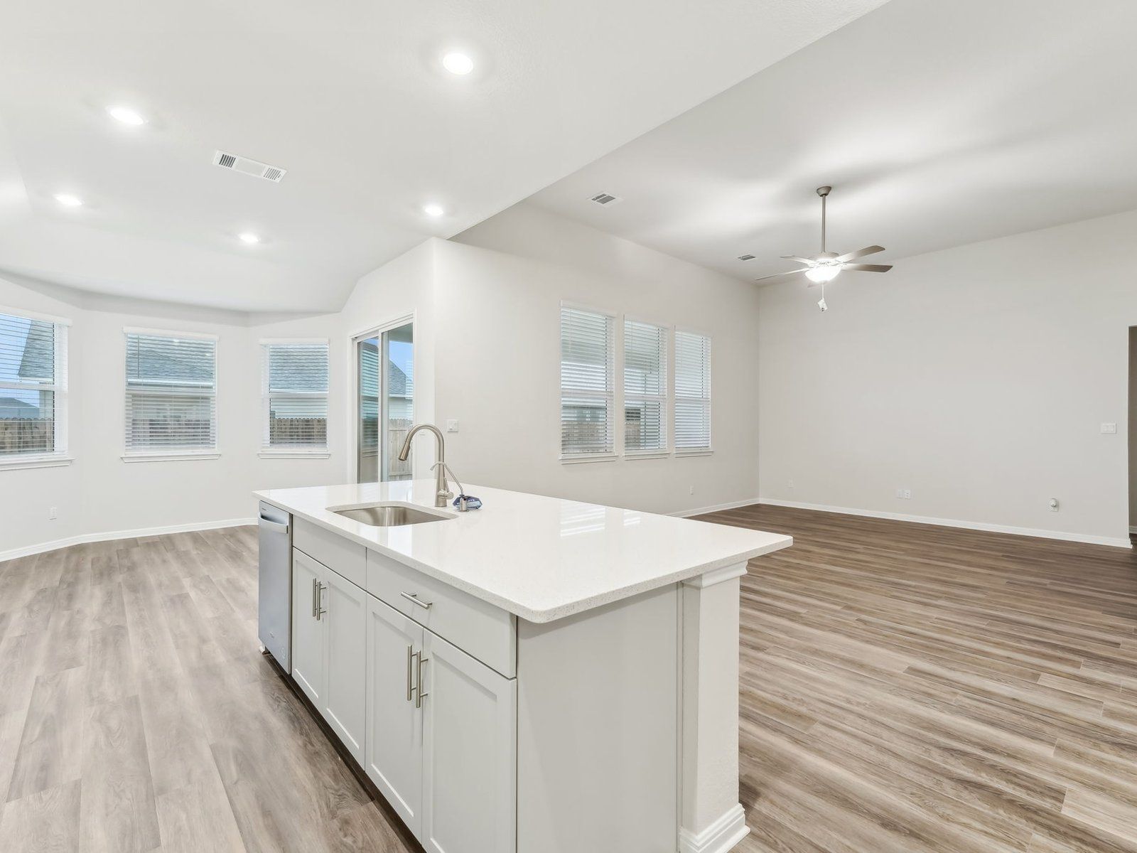 Kitchen, Living Room, and Dining Room